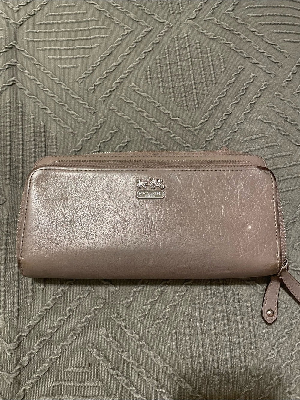 Coach Leather Zip Around Wallet in gray leather